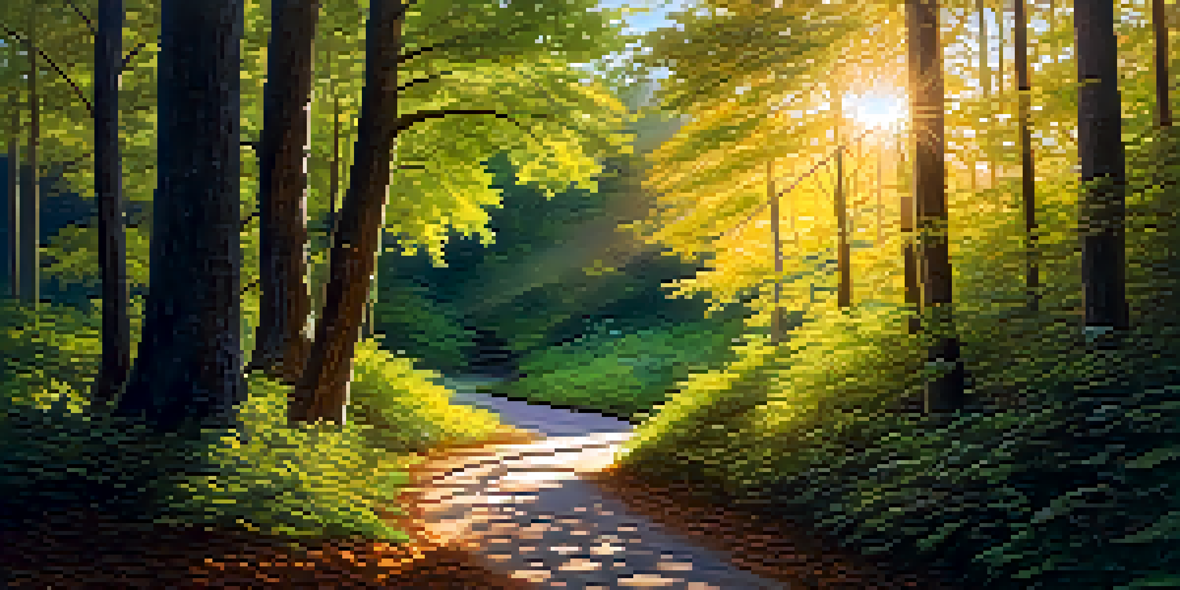 A winding path in a lush forest with sunlight filtering through the trees, and a person walking alone, representing a journey of self-discovery.