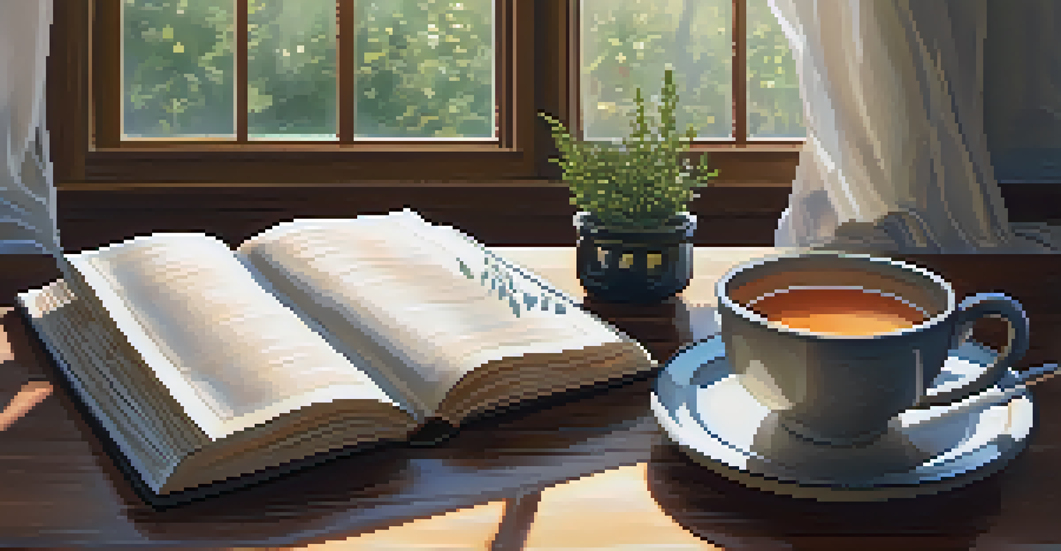 A cozy workspace with a journal, tea, and a candle illuminated by soft natural light.