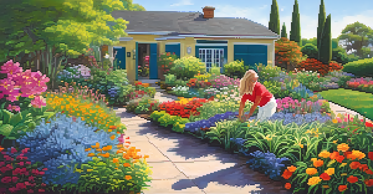 A person nurturing a vibrant garden filled with colorful flowers and greenery under a clear blue sky.