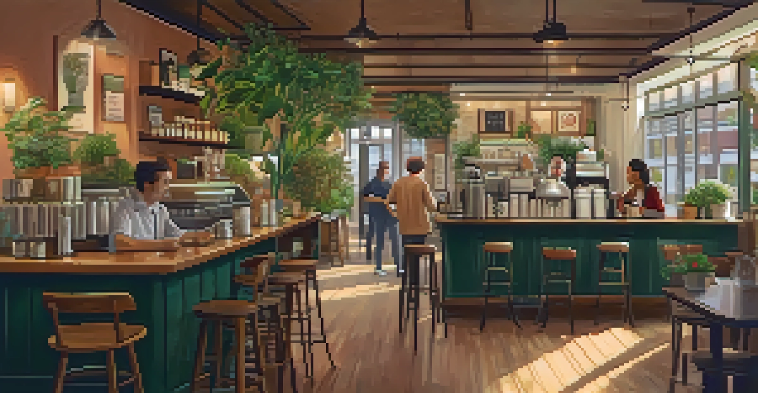 Inside a bright coffee shop, a barista serves a surprised customer a free drink, with plants and art around them.