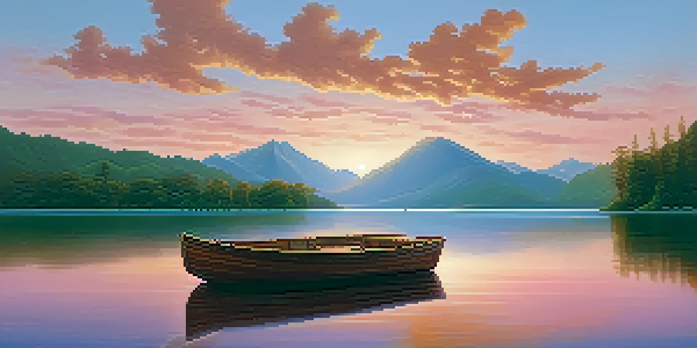 A tranquil lake surrounded by green trees and mountains, with a sunset sky in shades of orange and pink, and a small wooden boat on the water.