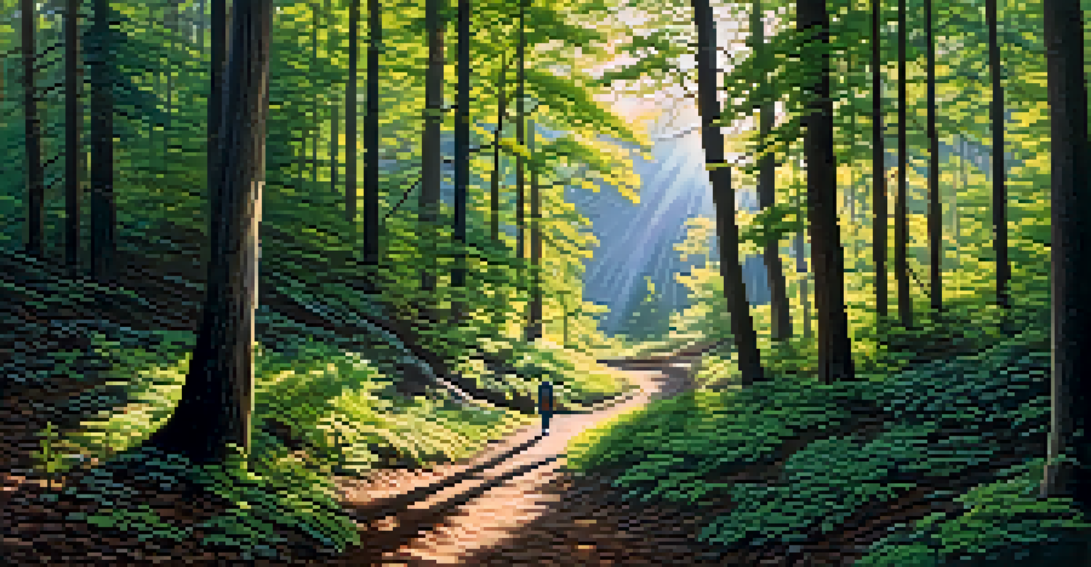 A person hiking along a forest trail, surrounded by trees with sunlight filtering through the leaves, creating a calm atmosphere.