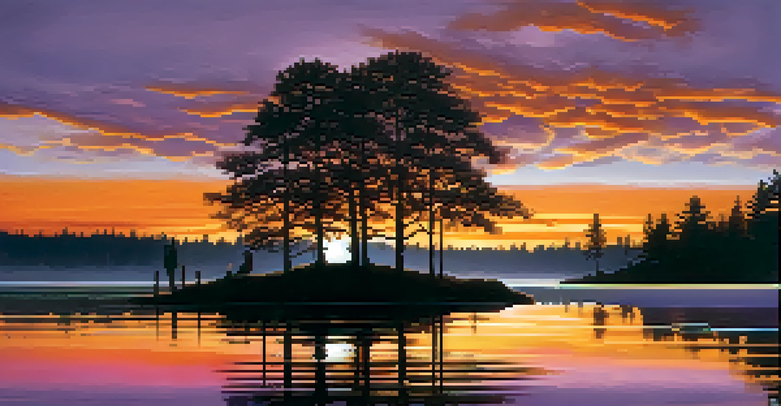 A peaceful sunset over a lake, with a person sitting on a dock, surrounded by silhouetted trees.