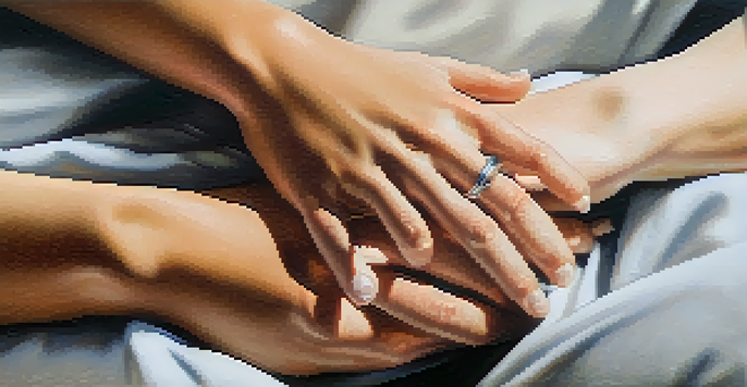 Two hands showing connection and active listening, with one hand resting on the other's arm in a warm setting.