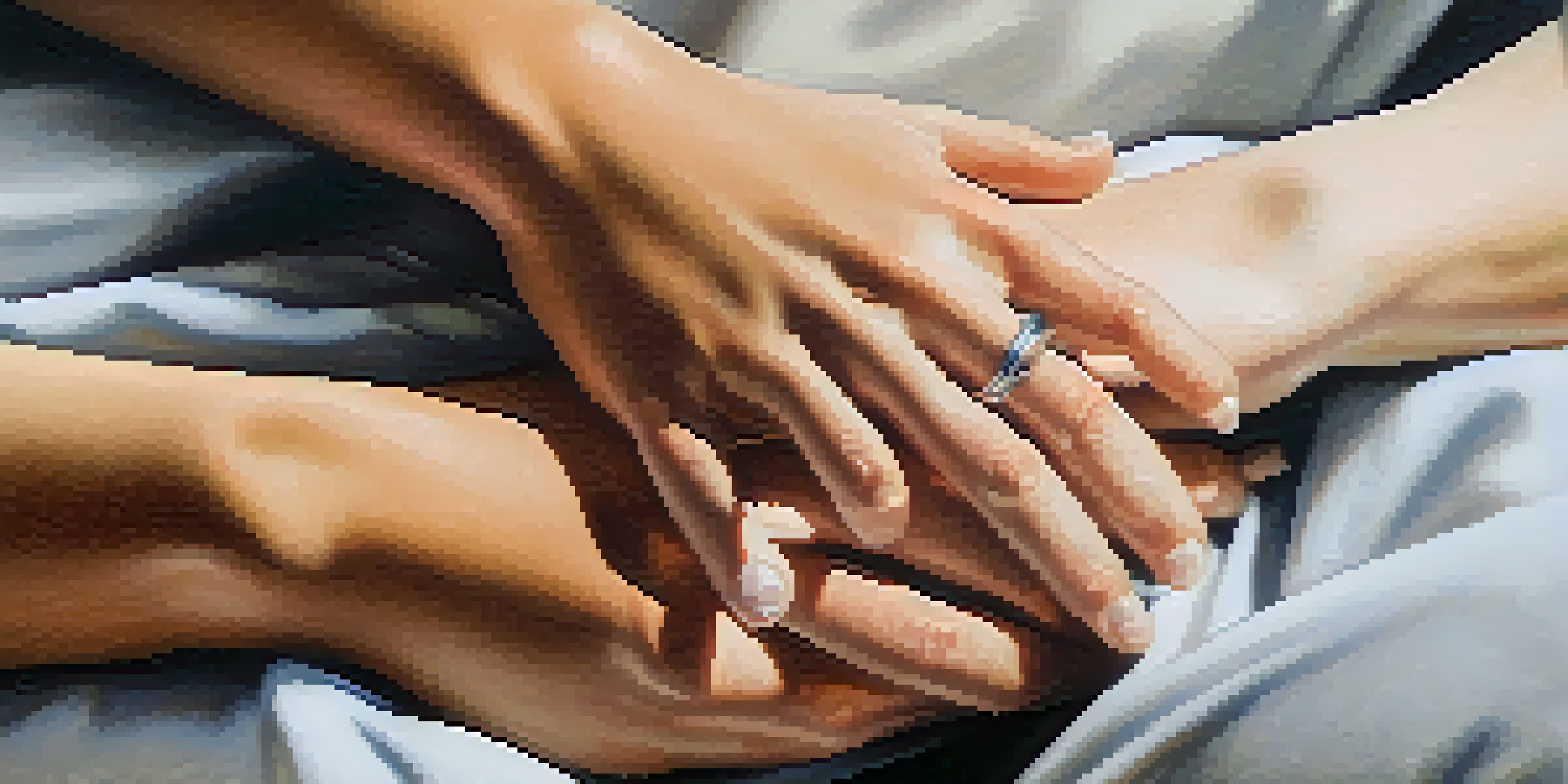 Two hands showing connection and active listening, with one hand resting on the other's arm in a warm setting.