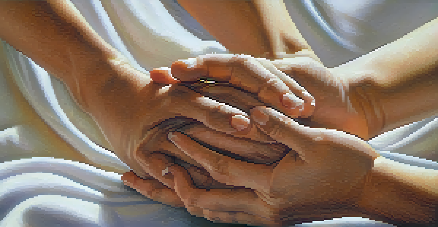 Close-up of glowing hands demonstrating a Reiki technique, with a blurred background that emphasizes the energy flow.