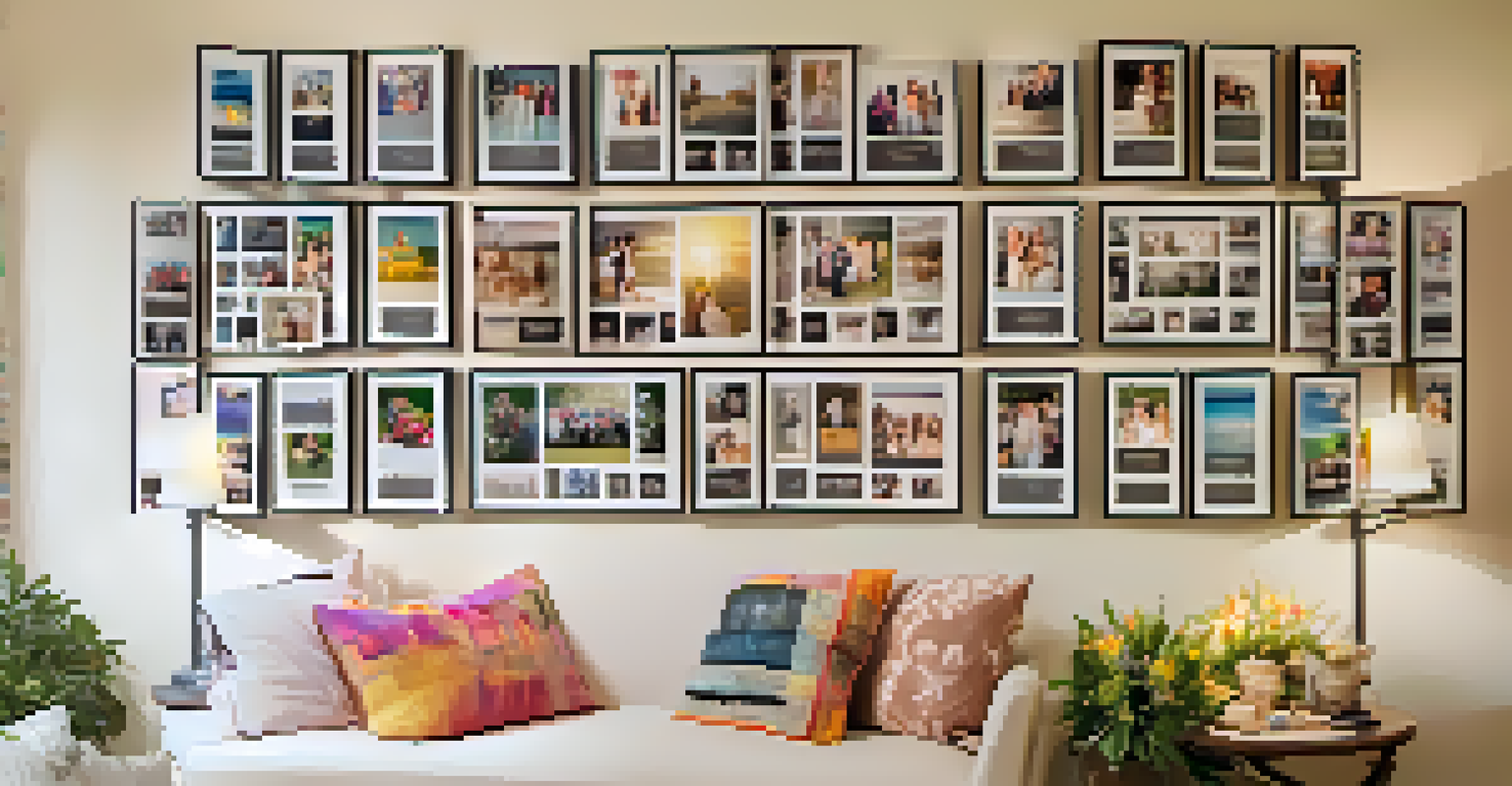 A memory wall filled with photographs, flowers, and notes honoring a loved one, illuminated by soft light.