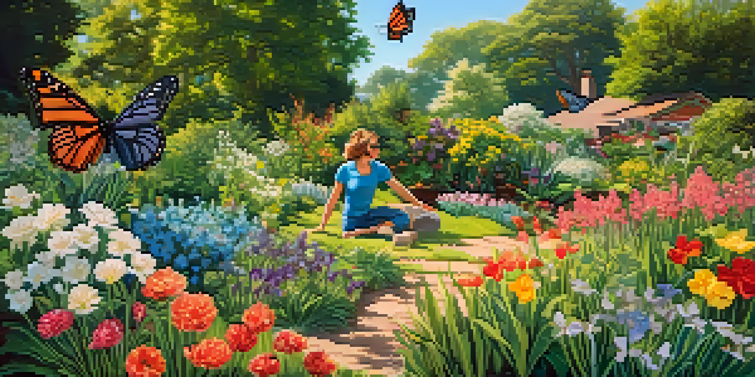 A person planting seeds in a colorful spring garden filled with blooming flowers and butterflies under a clear blue sky.