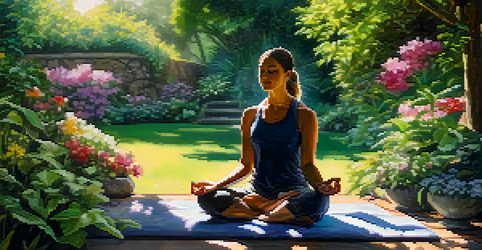 An outdoor Reiki session in a lush garden, with a practitioner meditating and a client lying on a mat surrounded by nature.