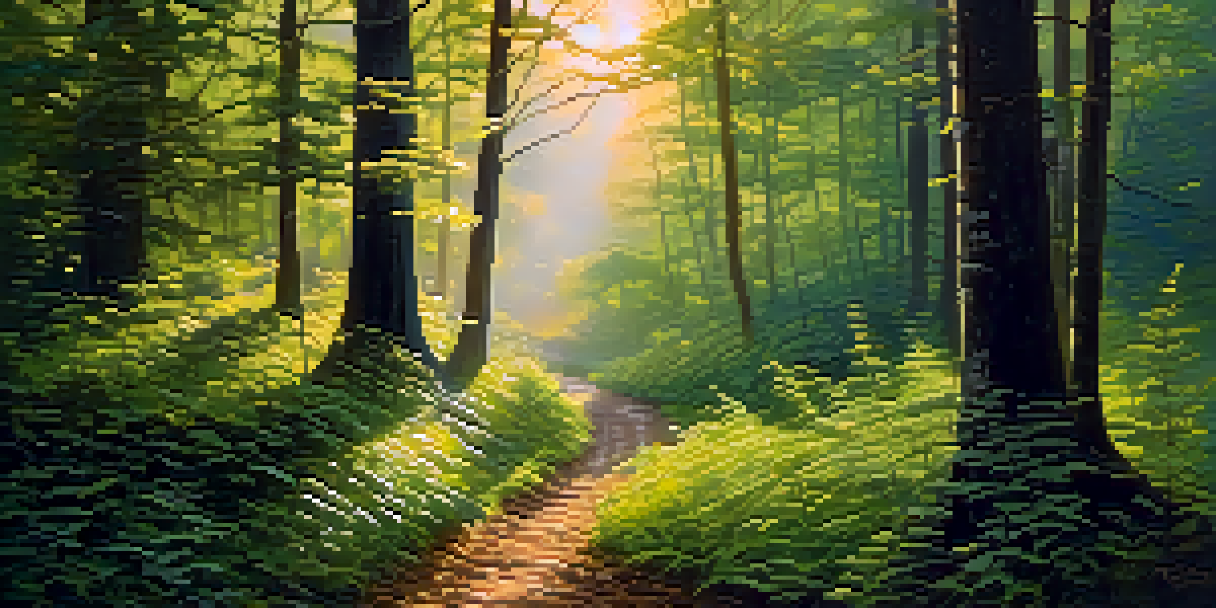A peaceful forest at dawn with sunlight filtering through the trees and a winding path.