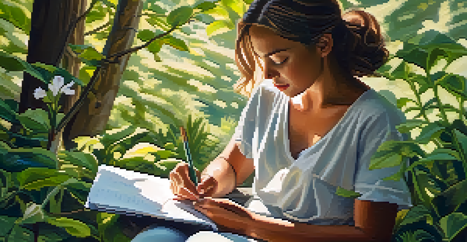 A person journaling in nature, surrounded by greenery and flowers, with sunlight filtering through the leaves.