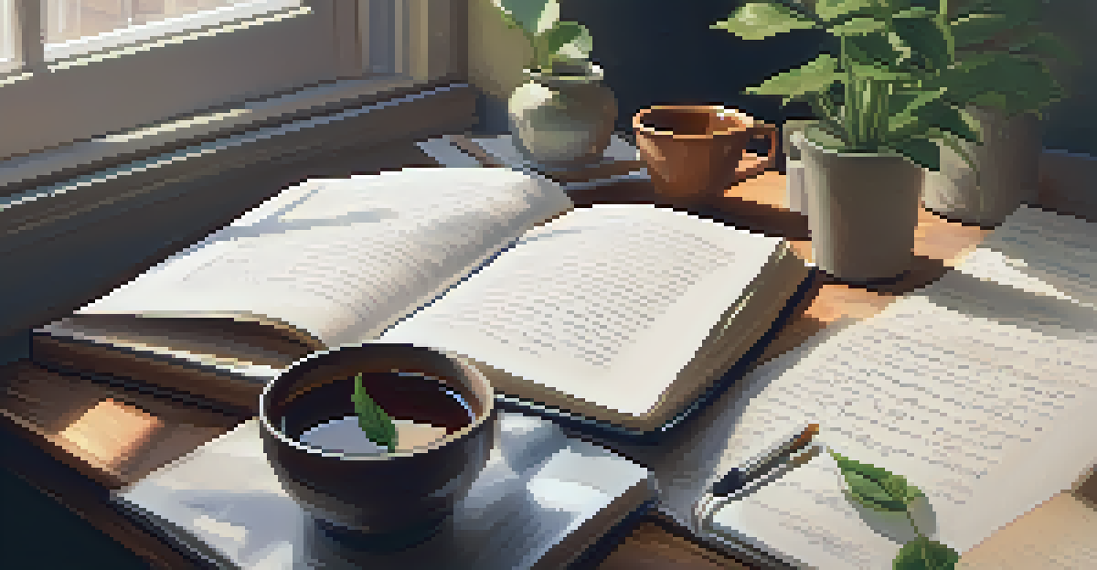 A cozy workspace with an open journal, a cup of tea, and a potted plant, all bathed in soft natural light.