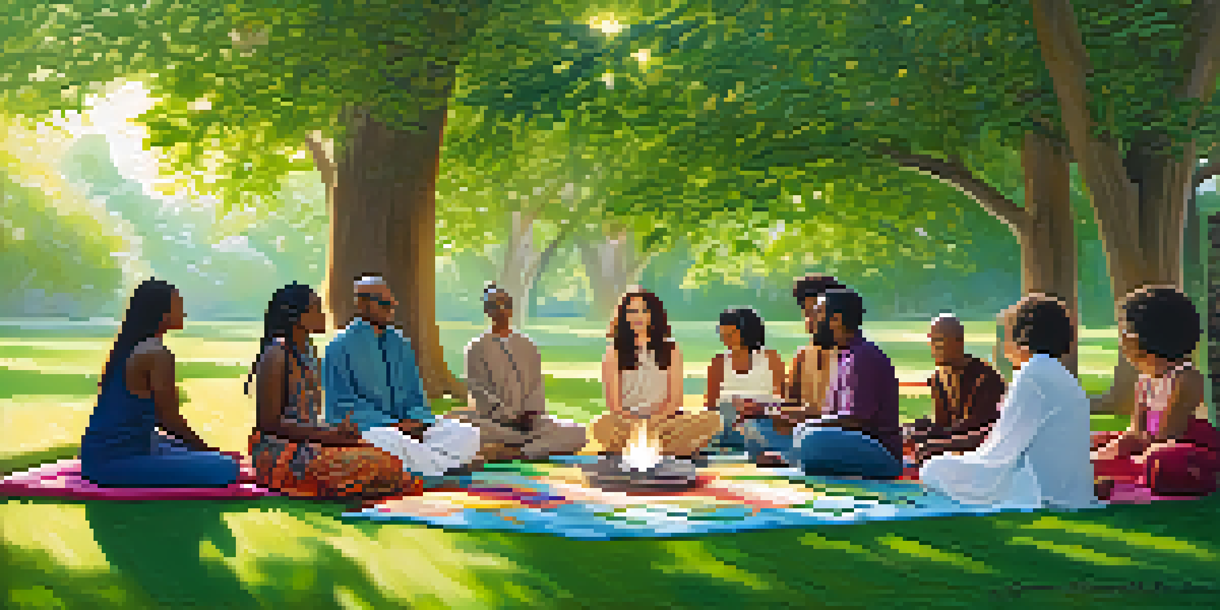 A diverse group of individuals sitting in a park, participating in a spiritual workshop with candles and crystals around them.