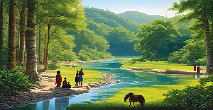 A peaceful forest scene with Indigenous people in traditional clothing gathering herbs by a stream under a blue sky.