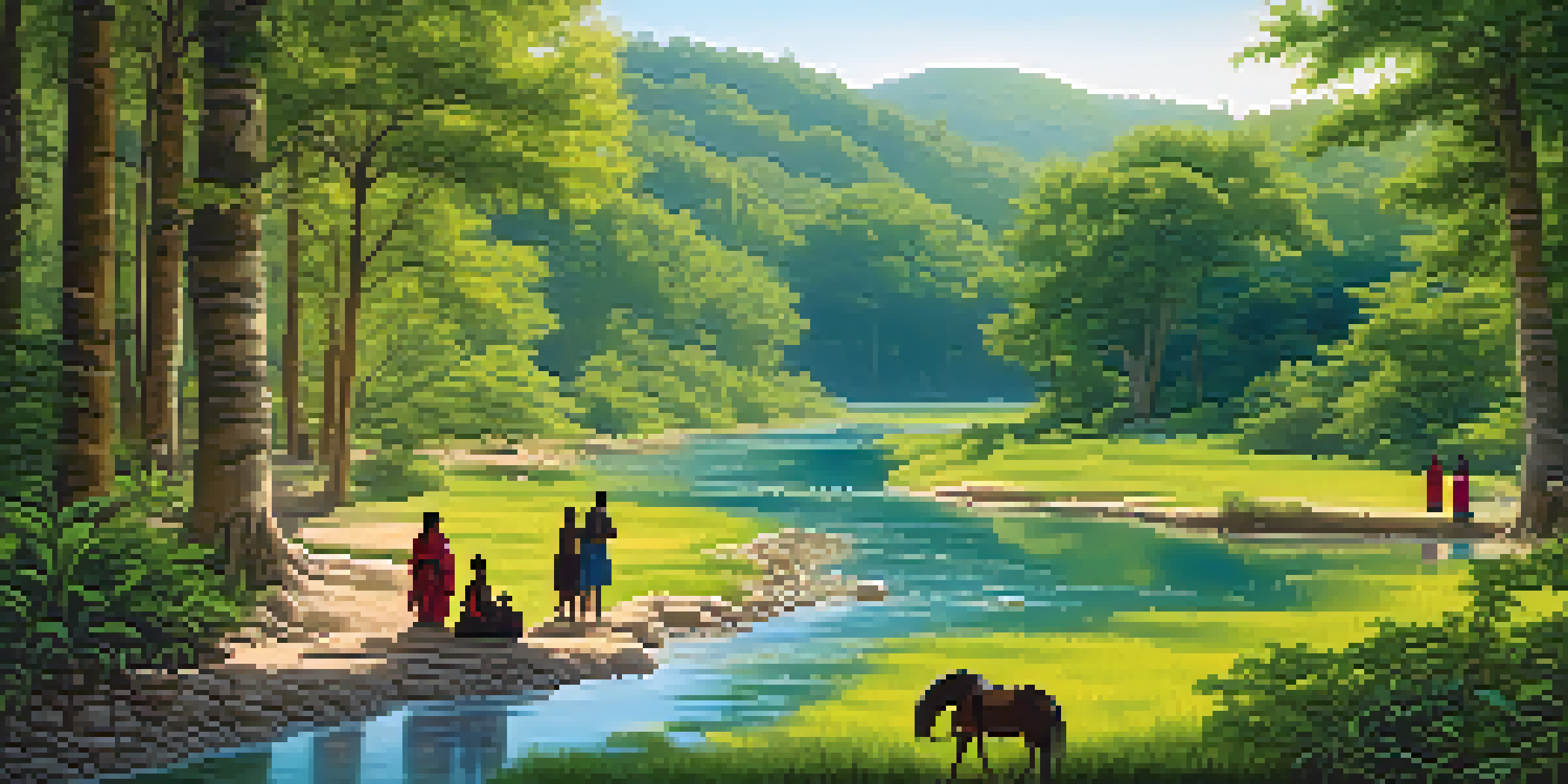 A peaceful forest scene with Indigenous people in traditional clothing gathering herbs by a stream under a blue sky.