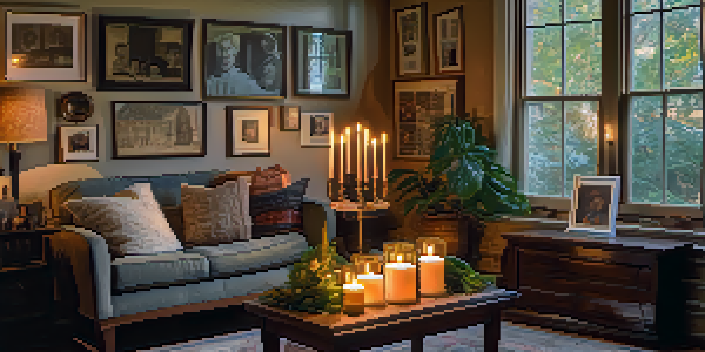 A cozy living room featuring an ancestral altar with photographs of ancestors, glowing candles, and heirlooms, illuminated by soft natural light.