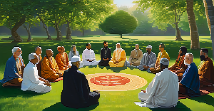 A peaceful outdoor gathering of spiritual leaders from different cultures sitting in a circle on a green lawn, discussing under warm sunlight.