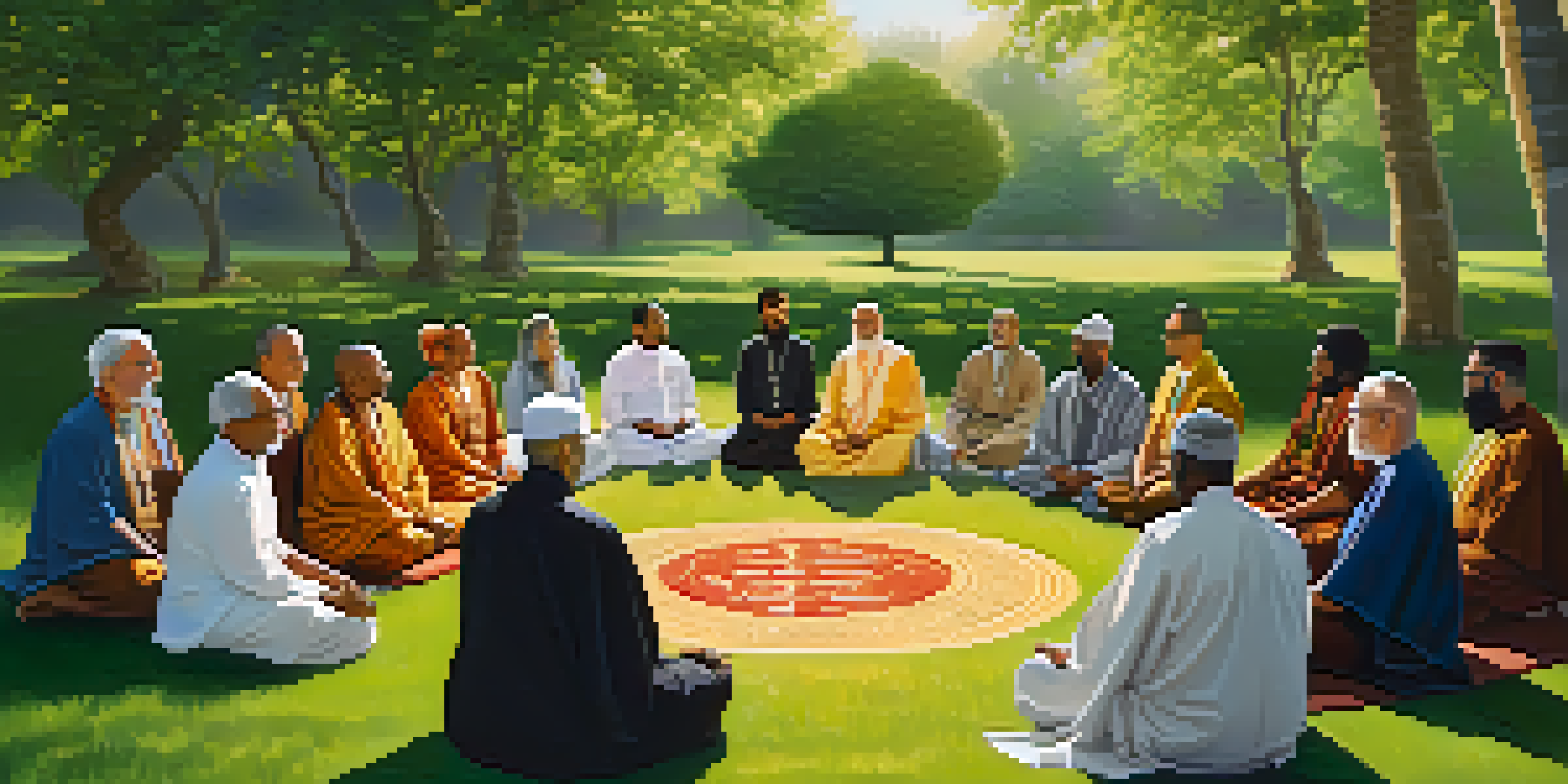 A peaceful outdoor gathering of spiritual leaders from different cultures sitting in a circle on a green lawn, discussing under warm sunlight.