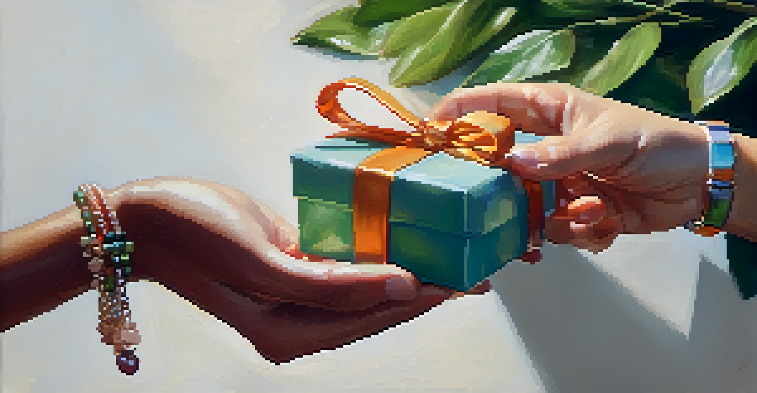 A close-up of two hands exchanging a beautifully wrapped gift, symbolizing generosity and kindness.