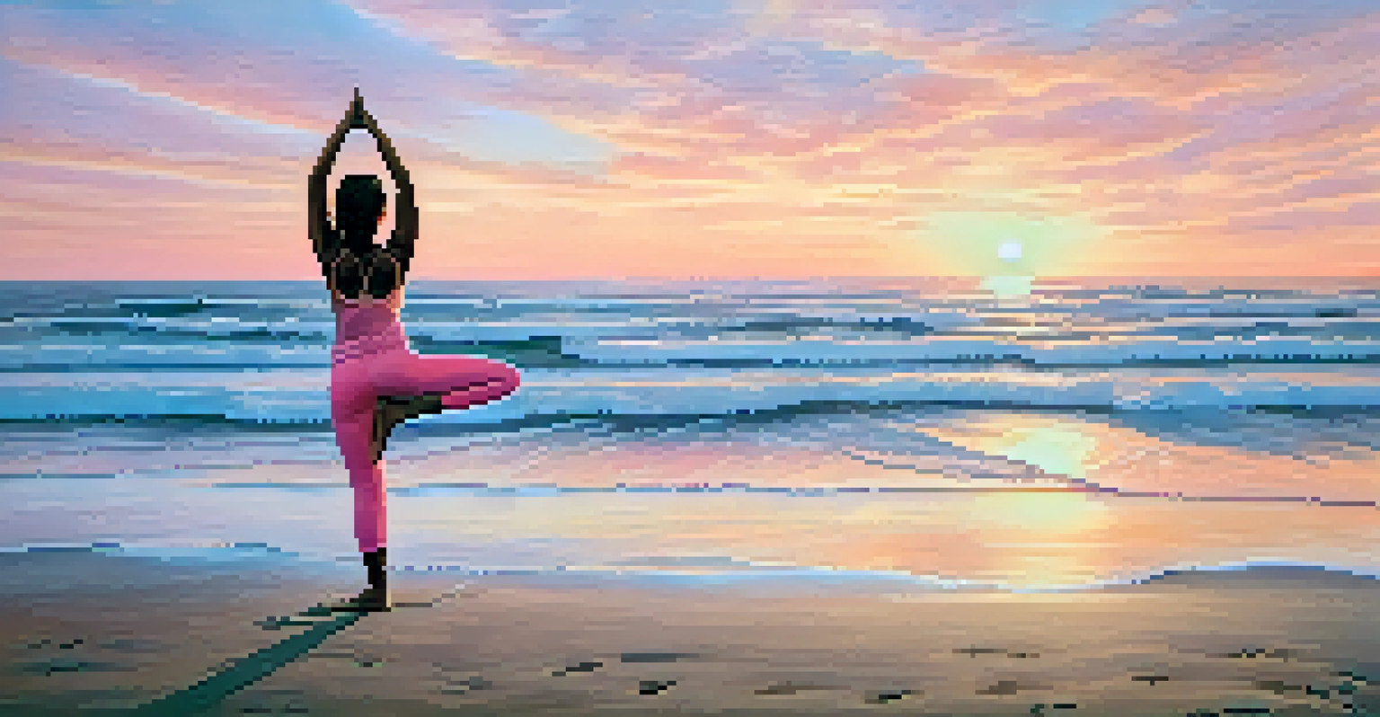 A person practicing yoga on the beach during sunrise, with soft pastel colors in the sky and gentle waves in the background.