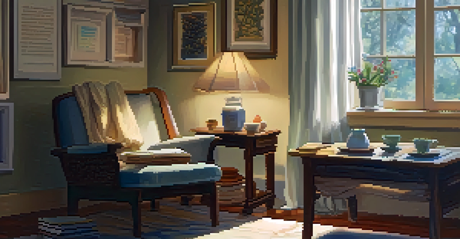 A person in a cozy room reflecting on meditation with a journal and a cup of tea, surrounded by books and calming artwork.