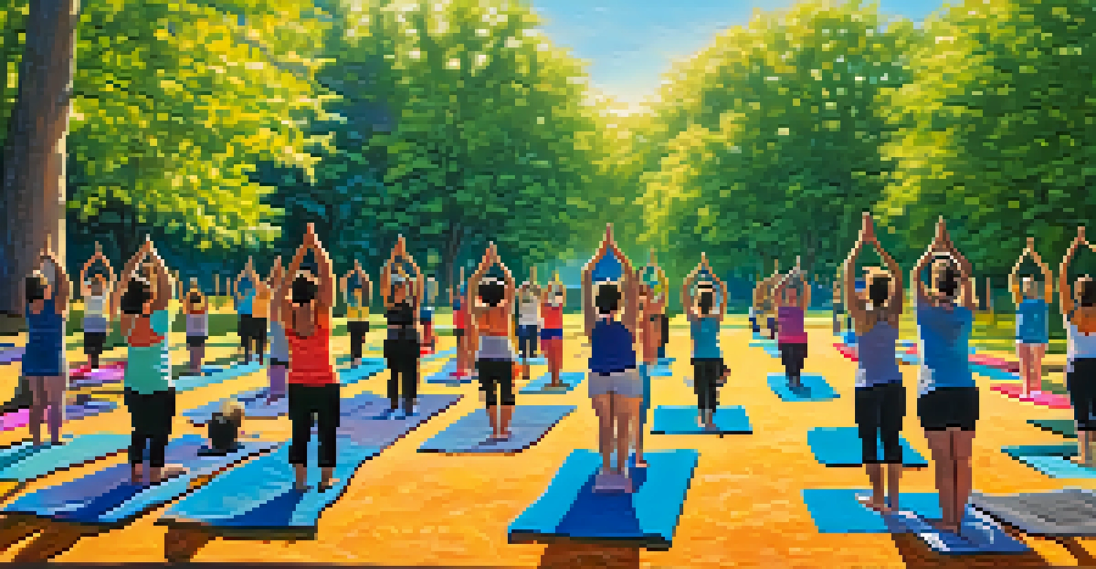 A diverse group of individuals participating in an outdoor yoga class in a sunny park, with colorful mats and green trees.