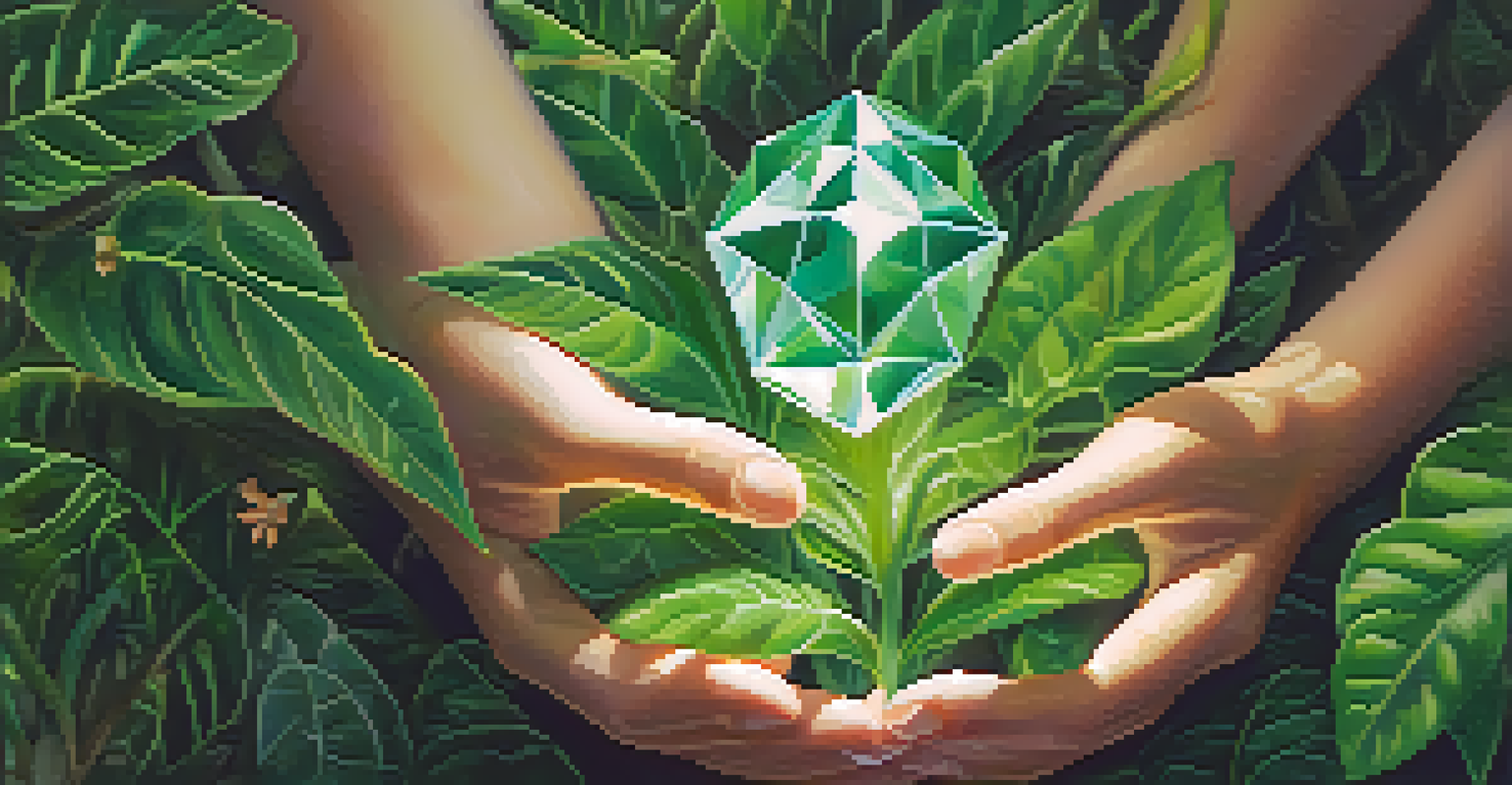 Close-up of hands holding a glowing crystal in a vibrant garden setting.