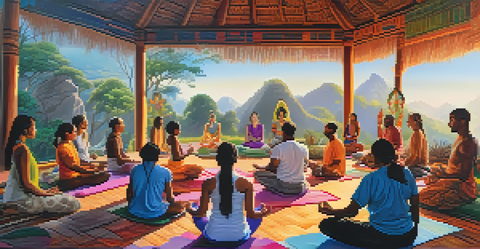 A collage showing diverse spiritual practices including yoga, Indigenous ceremonies, and group prayer against a harmonious nature backdrop.