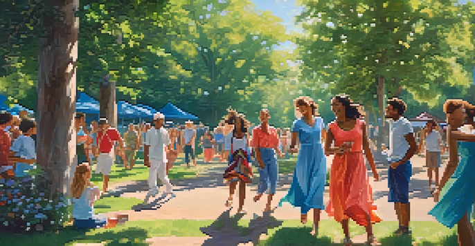 A diverse group of people enjoying playful activities like painting and dancing in a sunny, green outdoor setting.