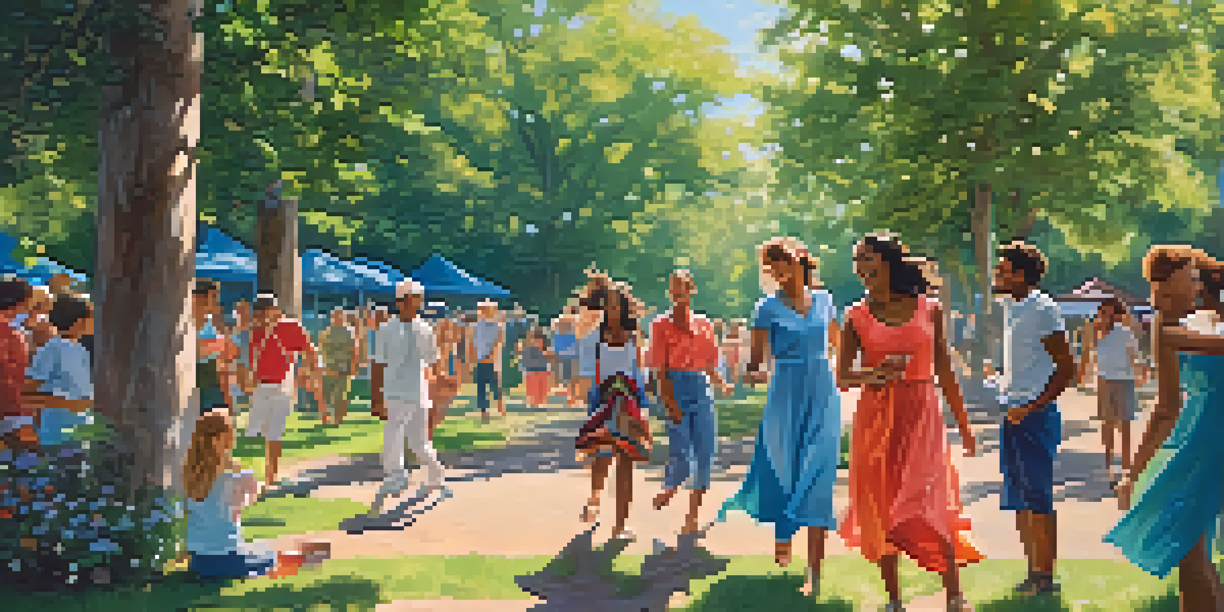 A diverse group of people enjoying playful activities like painting and dancing in a sunny, green outdoor setting.