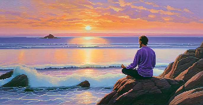 A person meditating on a cliff by the ocean during sunset, surrounded by calm waters and distant islands.