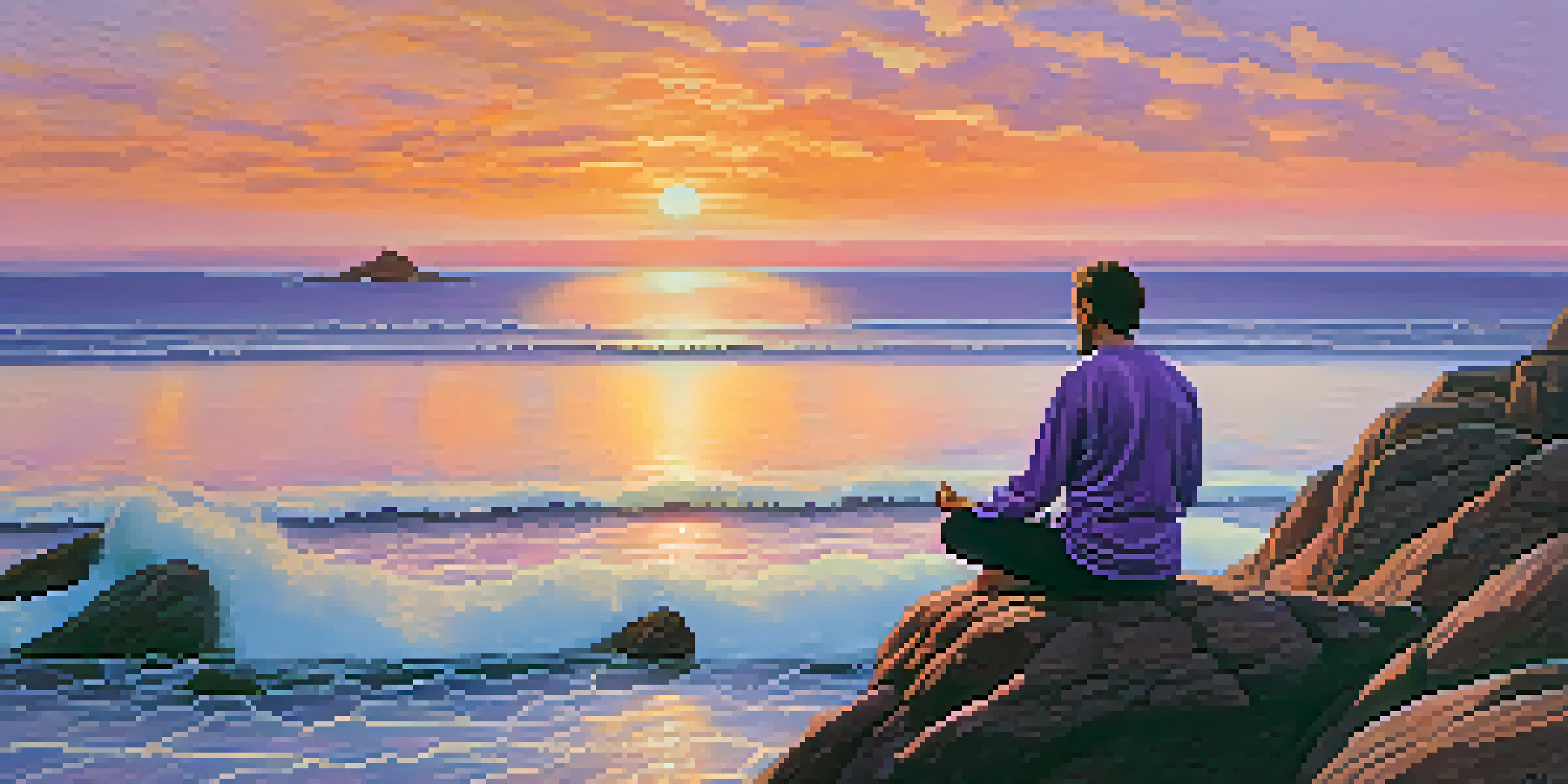 A person meditating on a cliff by the ocean during sunset, surrounded by calm waters and distant islands.