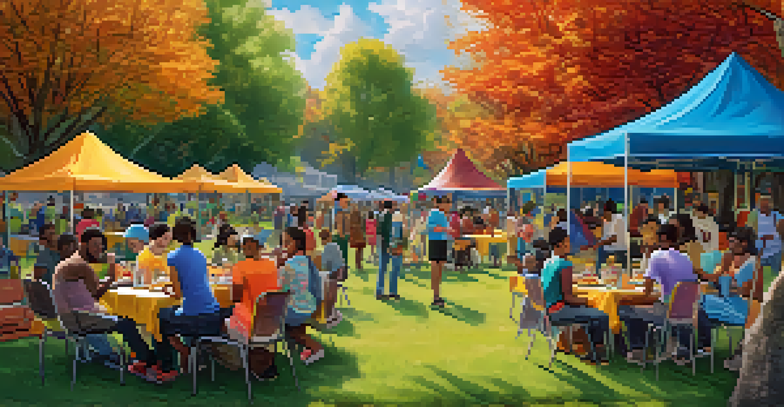 A diverse group of people in a park engaging in acts of kindness, with colorful banners promoting gratitude in the background.