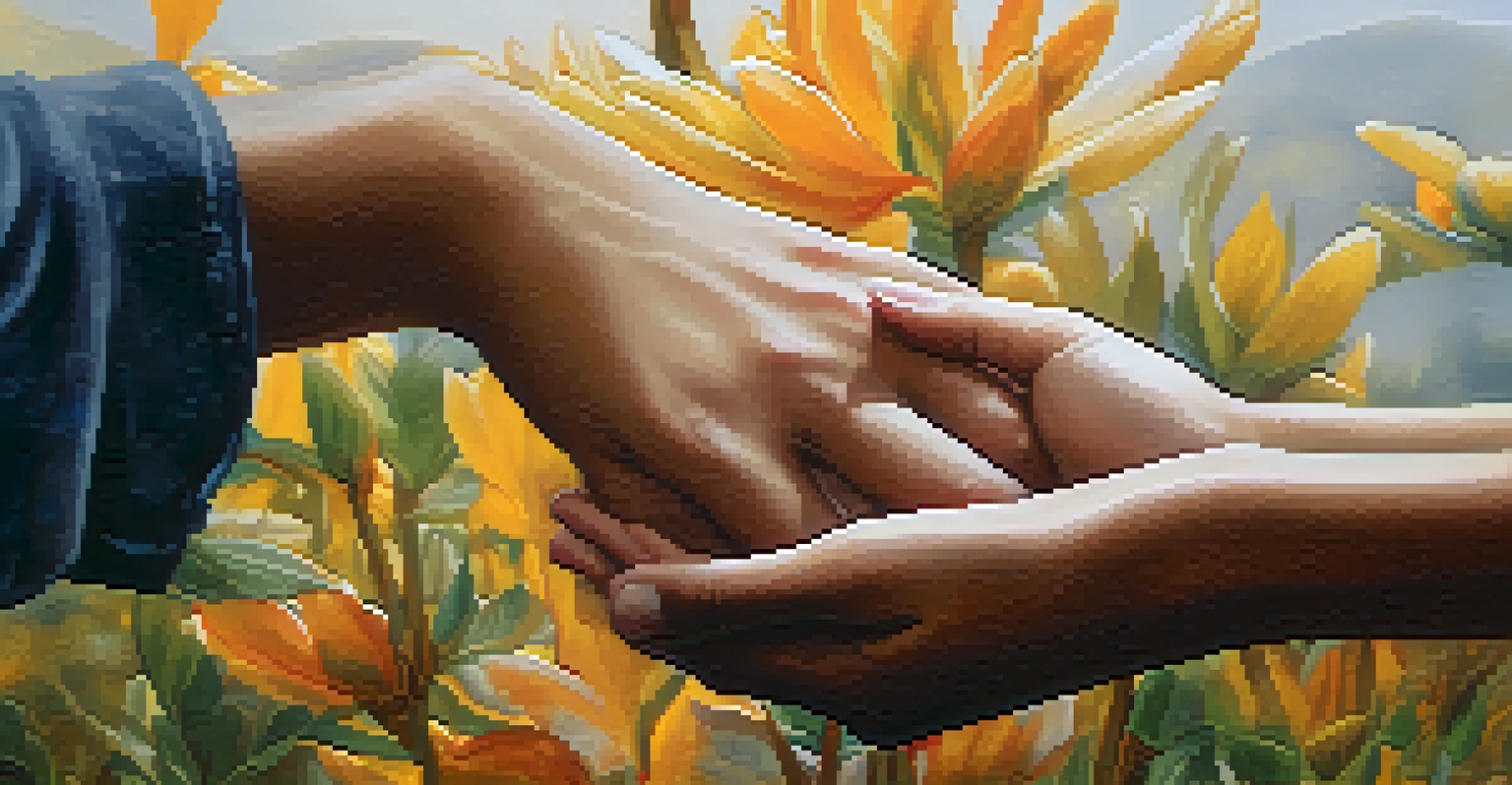 A close-up of diverse hands engaged in a compassionate gesture against a soft, nature-inspired background.