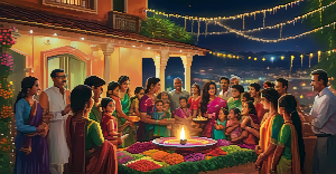 Families celebrating Diwali with colorful lights and fireworks, depicting joy and togetherness.