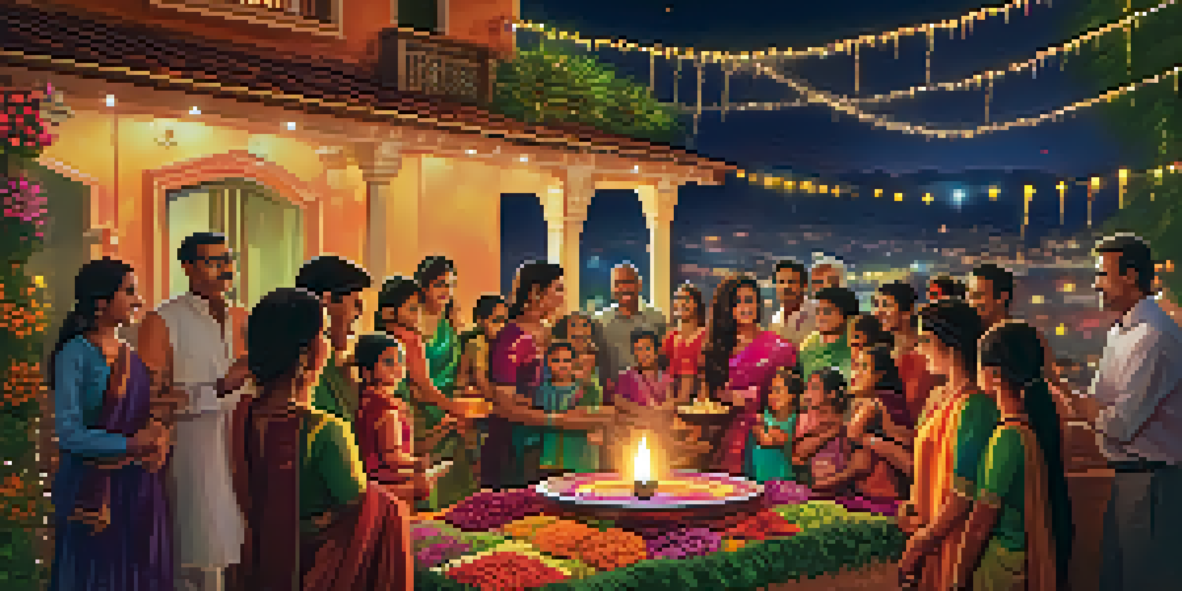 Families celebrating Diwali with colorful lights and fireworks, depicting joy and togetherness.