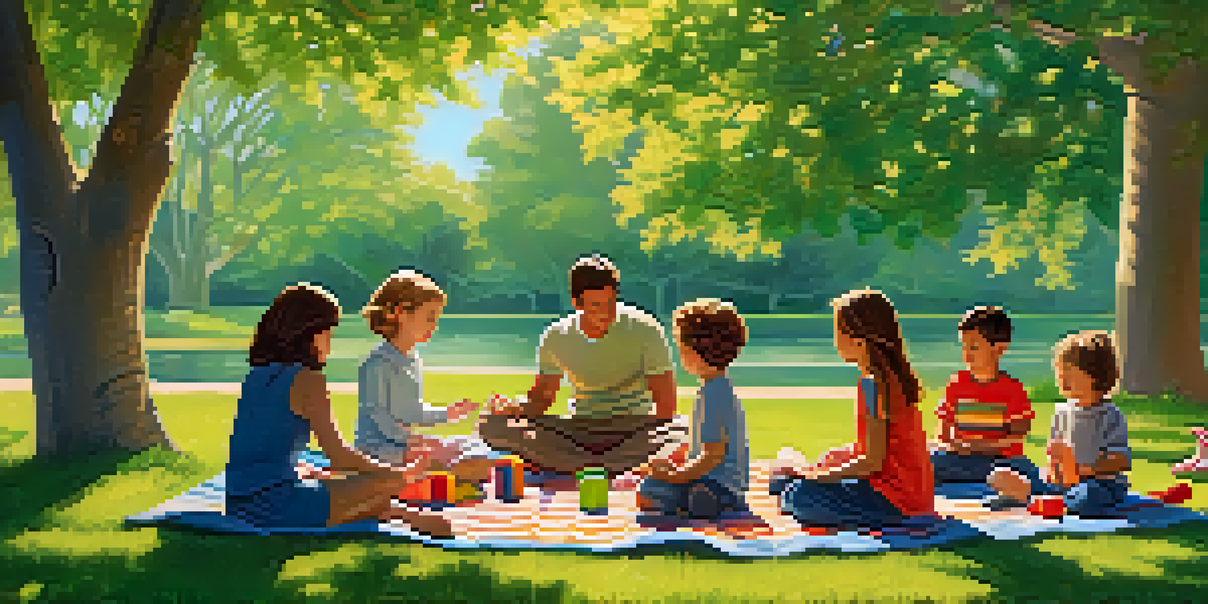 A family meditating on a picnic blanket in a sunny park, with children playing nearby and lush greenery in the background.
