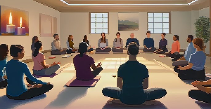 Employees participating in a guided meditation workshop in a softly lit room.