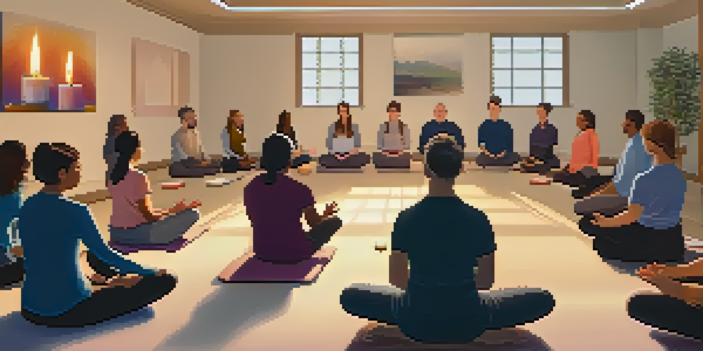 Employees participating in a guided meditation workshop in a softly lit room.