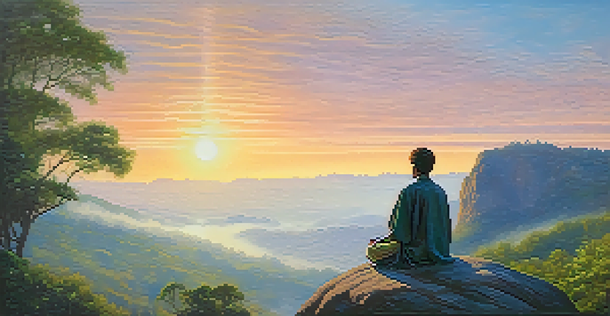 A person meditating on a rocky outcrop at sunrise, surrounded by greenery and mist, with warm colors in the sky.