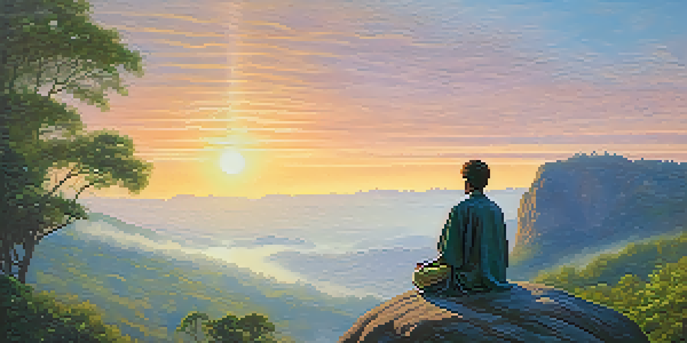A person meditating on a rocky outcrop at sunrise, surrounded by greenery and mist, with warm colors in the sky.