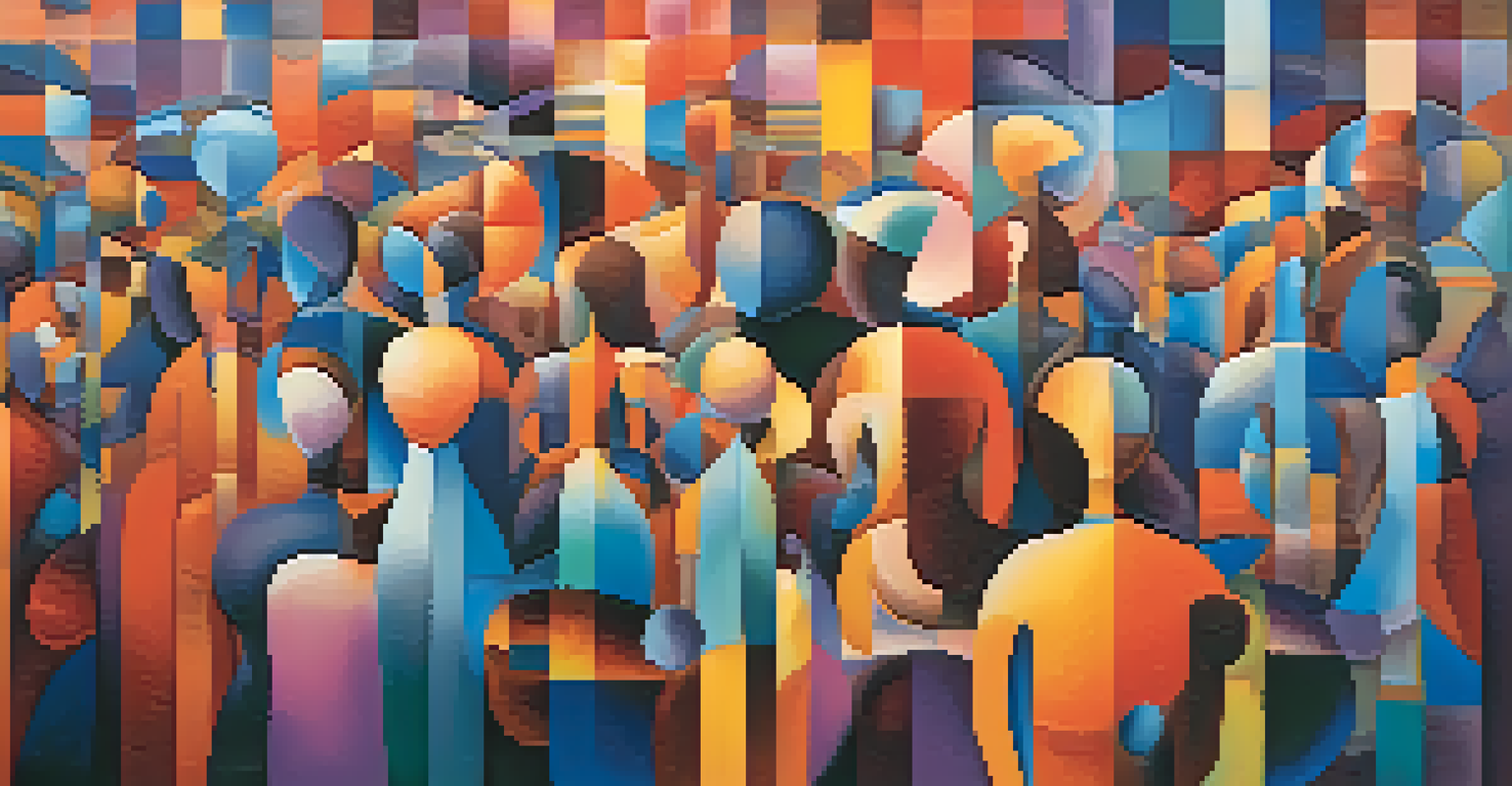 An abstract image of interconnected human figures in vibrant colors, symbolizing community and connection in the search for meaning against a soft gradient background.