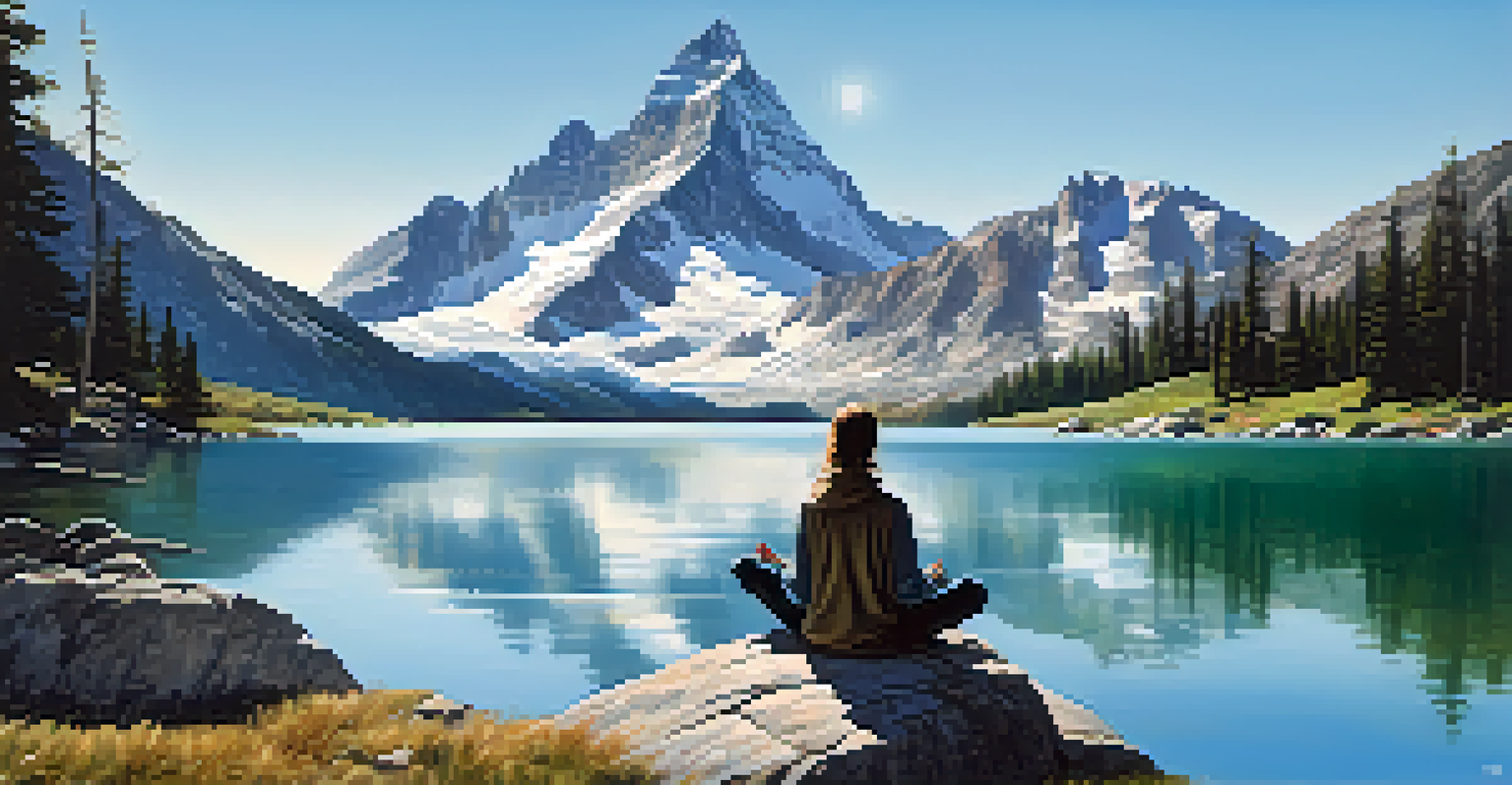 A stunning mountain landscape with a person practicing mindfulness by an alpine lake, reflecting the peaks and a clear blue sky.