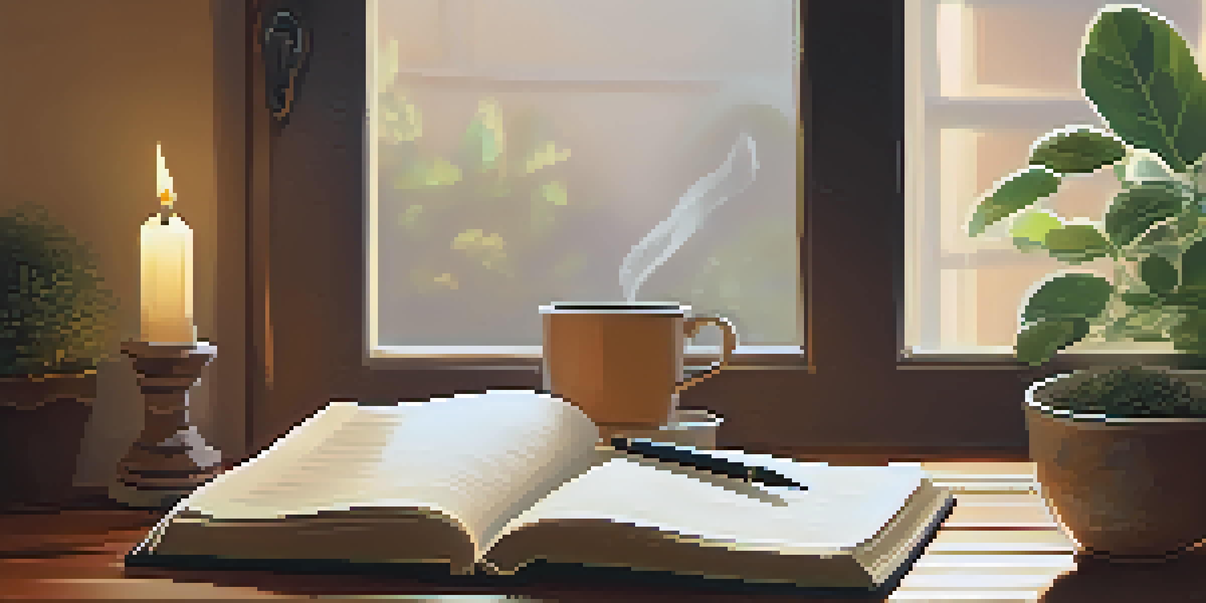 A peaceful workspace with a wooden desk, an open journal, a fountain pen, a lit candle, a potted plant, and a cup of tea, illuminated by soft morning light.