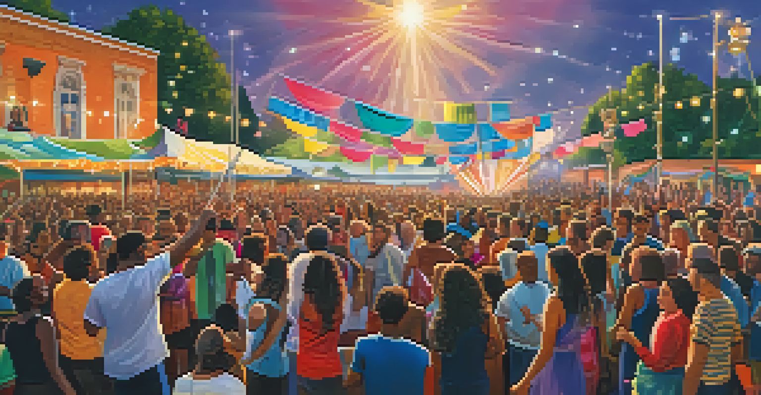 A lively music festival with musicians on stage and an energetic crowd enjoying the performance.