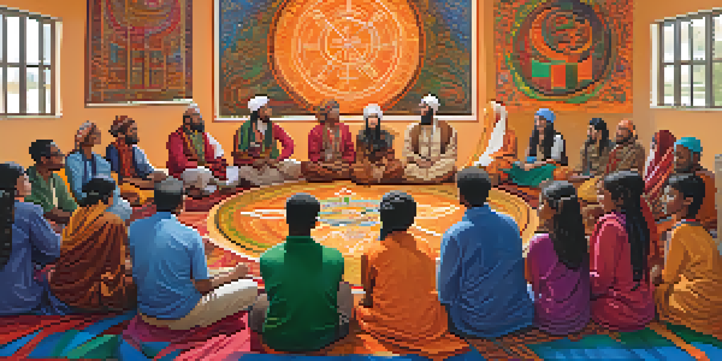 A diverse group of young people engaged in a respectful interfaith dialogue at a community center, sitting in a circle and discussing openly.