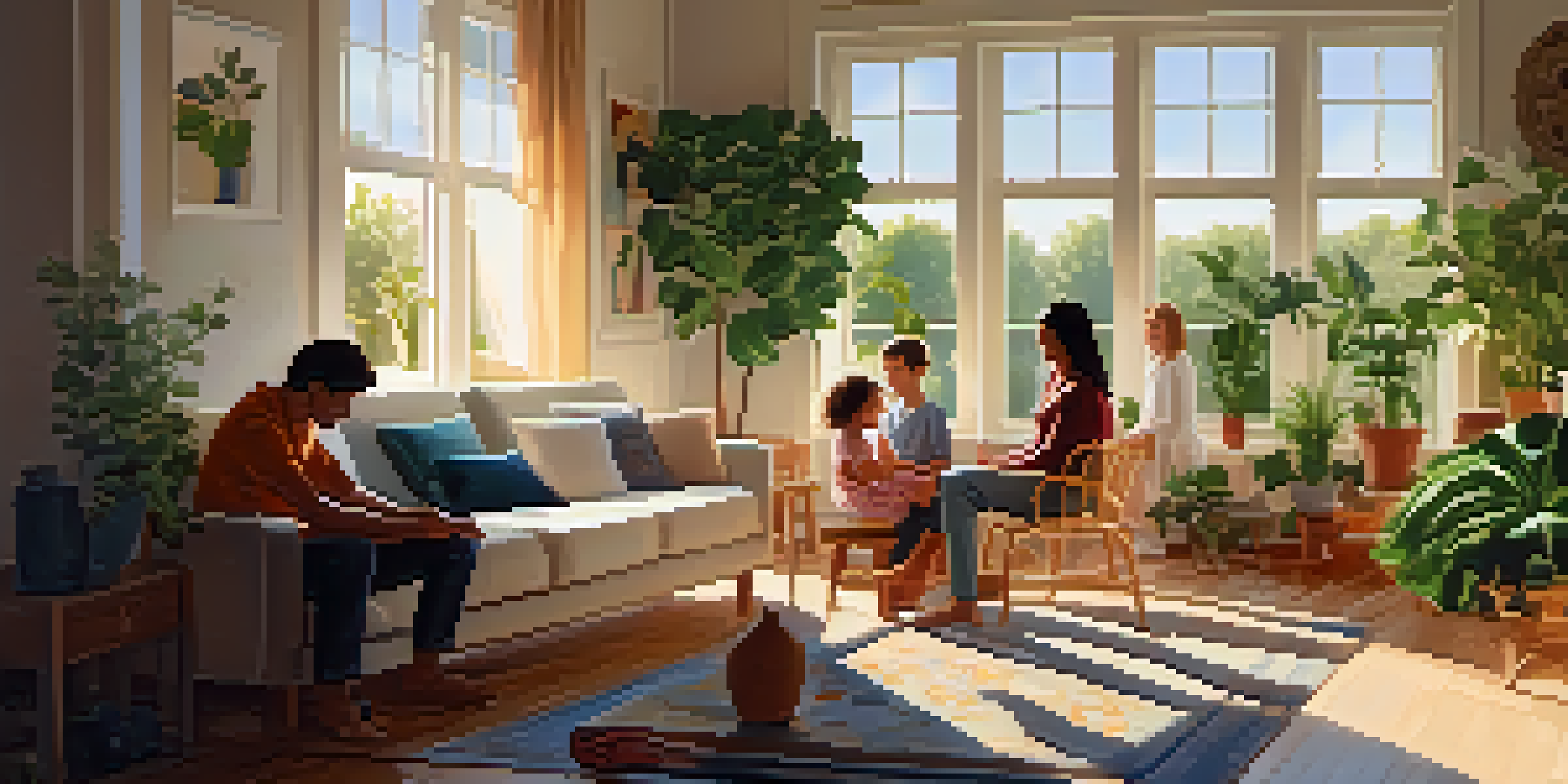 A family practicing mindfulness together in a cozy living room filled with plants and sunlight.