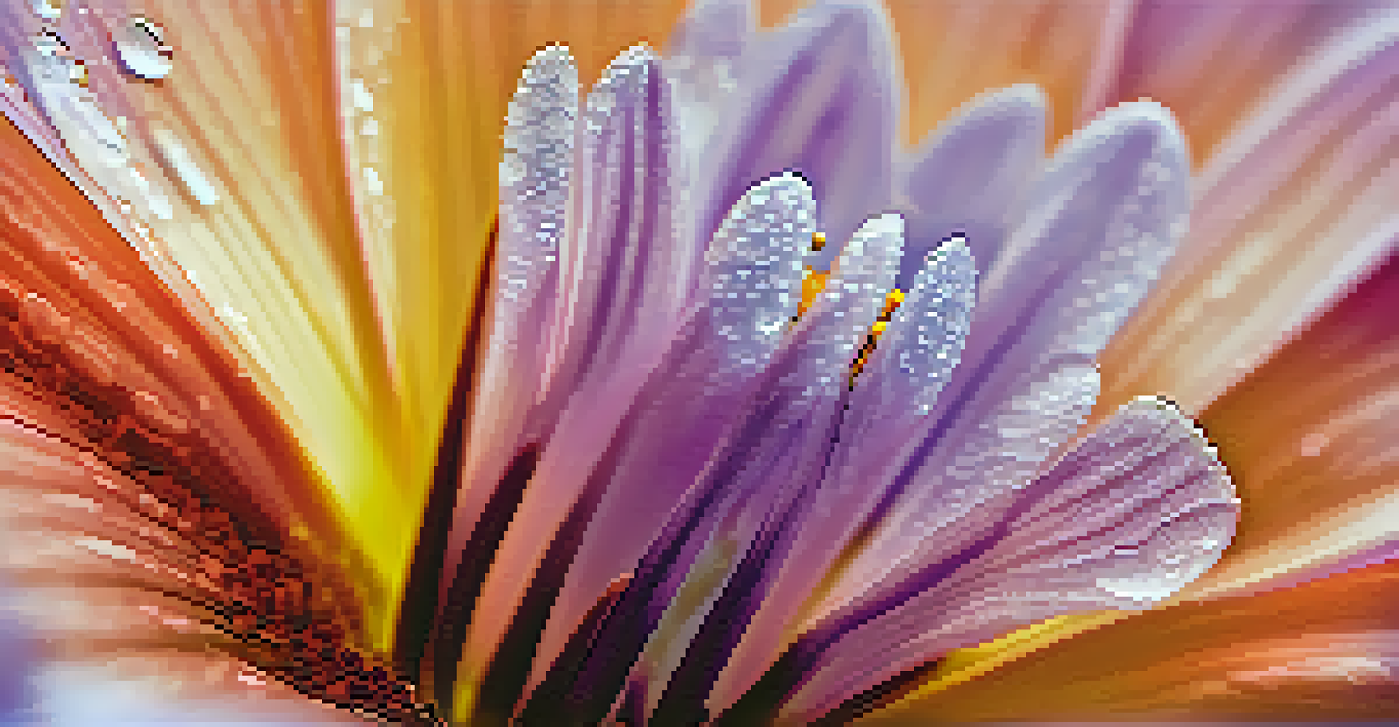 A close-up of a blooming flower with dewdrops, showcasing its vibrant colors and textures.