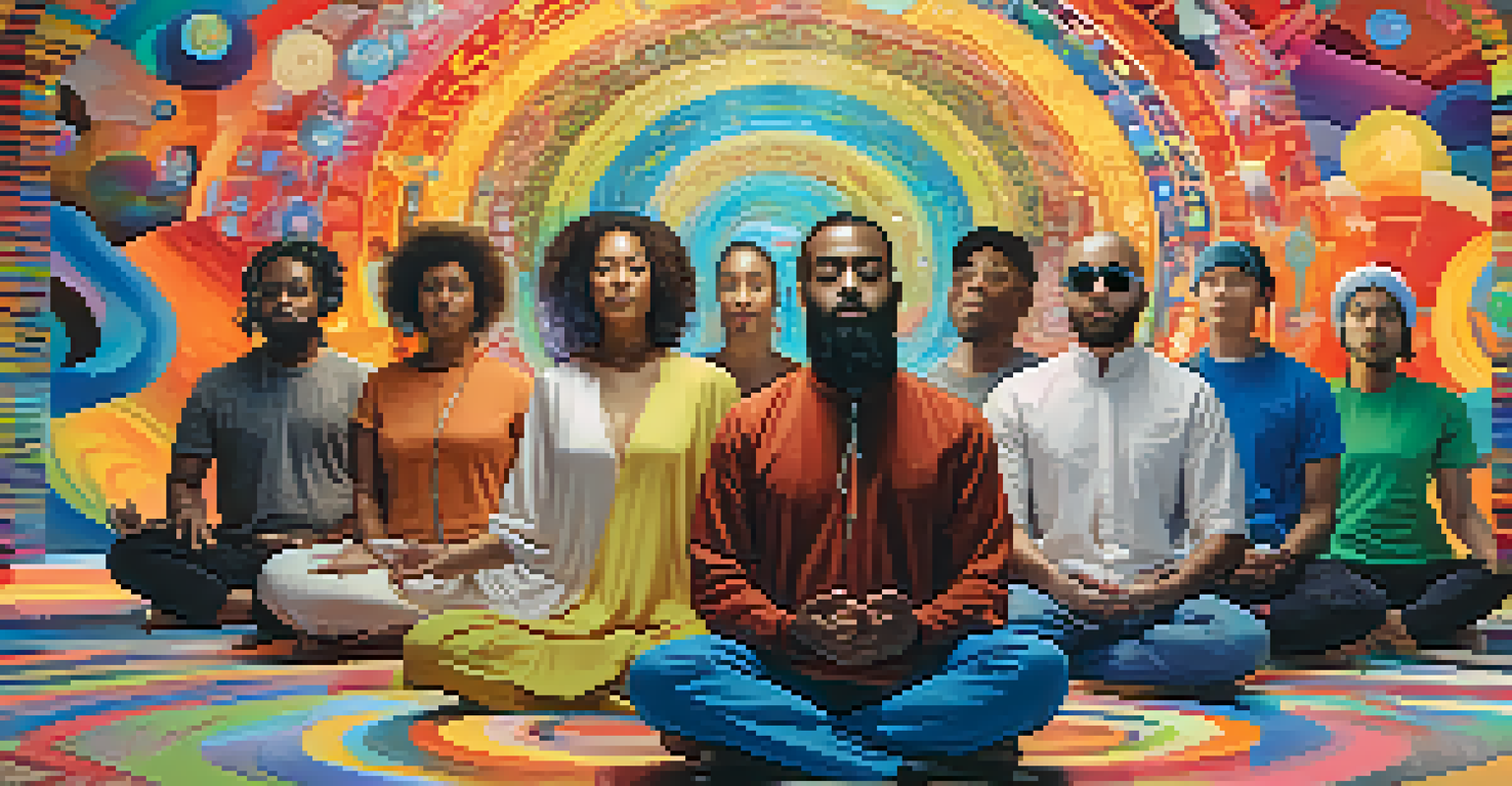 A diverse group of people meditating together in a colorful virtual space.