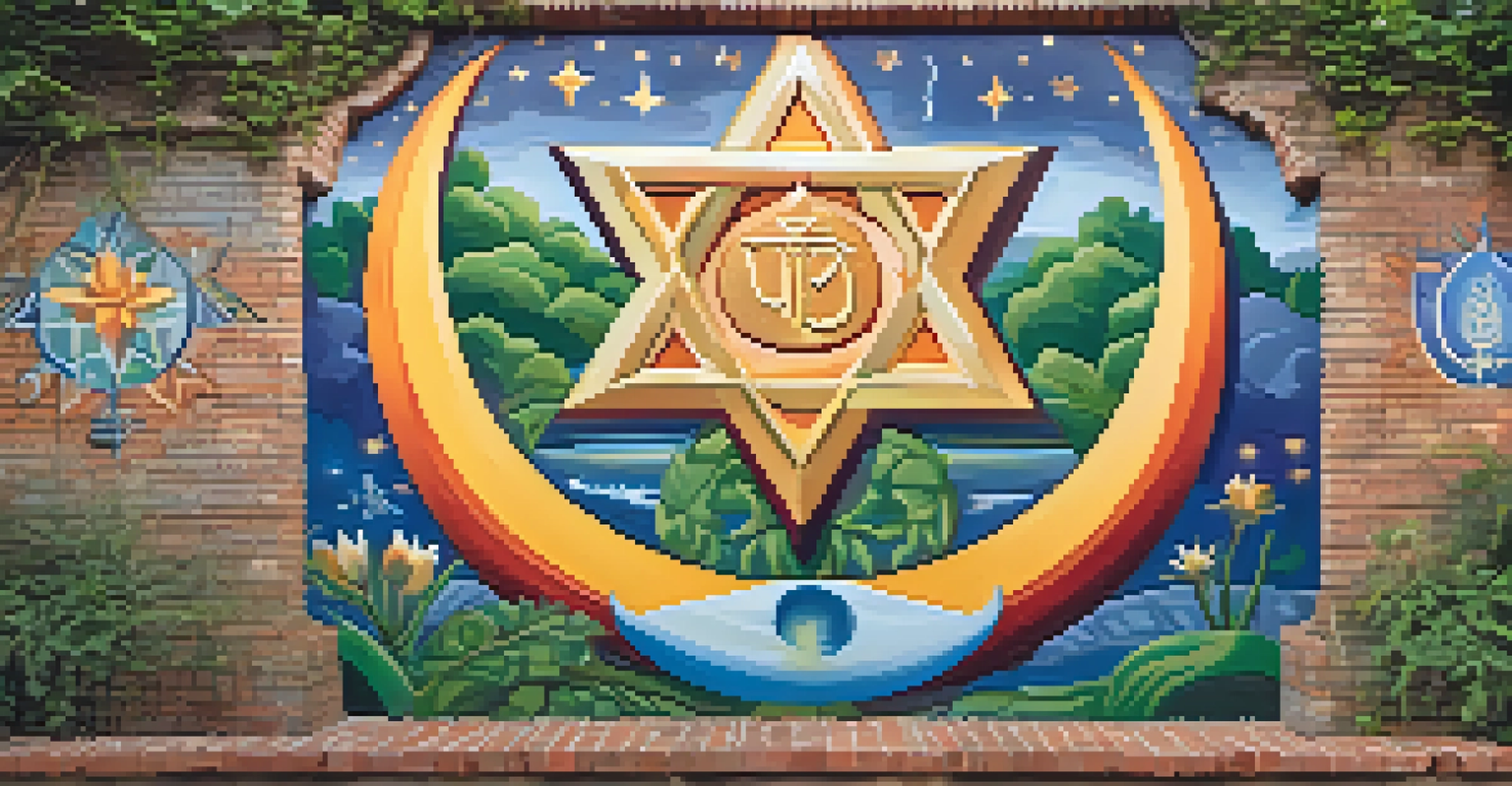 A colorful mural featuring symbols from different religions beautifully blended, set against a brick wall with greenery.